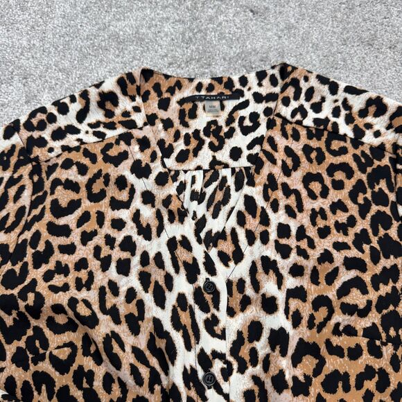 Tahari Leopard Button Down Blouse Women Medium Brown Collarless Long Sleeve NWOT - Picture 5 of 13